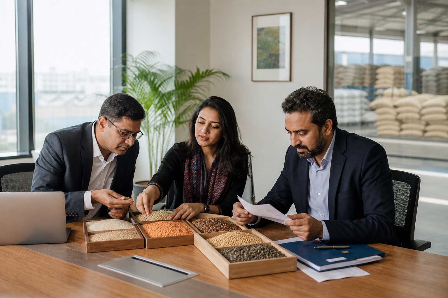 Commodity sourcing team reviewing grain samples